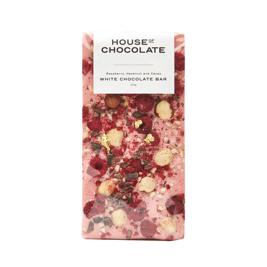 Raspberry, Cacao & Hazelnut White Chocolate Bar